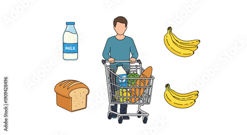 A smiling man confidently pushes a shopping cart filled with groceries, including milk, bananas, and bread, for a healthy home.