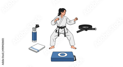 A focused woman in a karate gi with a black belt around her waist, surrounded by martial arts equipment and a water bottle, ready for training.