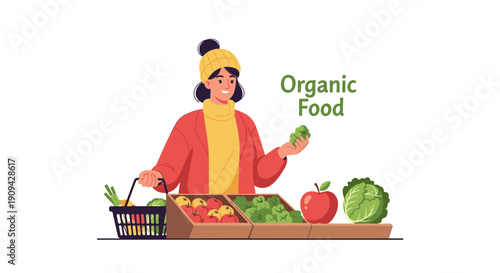 A smiling woman wearing a warm hat and coat shops for fresh organic produce, holding an avocado while standing near a display of healthy fruits and vegetables.