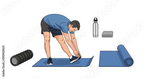 A man in athletic wear performs a hamstring stretch on a blue yoga mat, surrounded by a foam roller, water bottle, and towel, demonstrating a dedicated fitness routine.