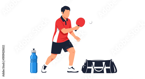 A focused man in a red and white athletic shirt actively plays table tennis, holding a paddle and hitting a ball, with a sports bag and water bottle nearby.