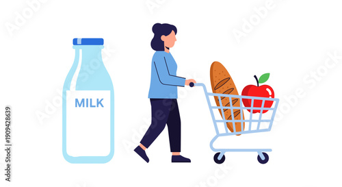 A woman confidently pushes a grocery shopping cart filled with fresh produce like bread and an apple, with a large milk bottle alongside, depicting a typical market visit.