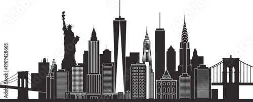 New York City skyline silhouette vector illustration, Statue of Liberty Brooklyn Bridge Manhattan skyscrapers urban landmark design