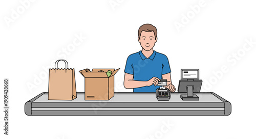A smiling man, likely a cashier or customer, stands at a checkout counter, using a card payment machine with groceries like a paper bag and a box on the conveyor belt.