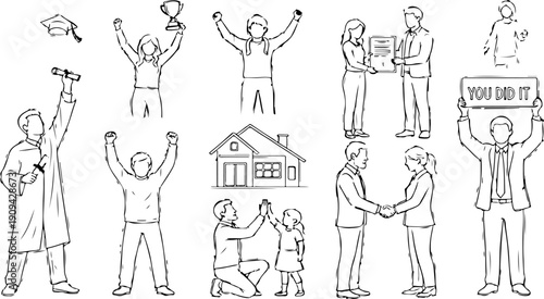 Hand drawn vector illustration of people and fashion sketches including women children and men