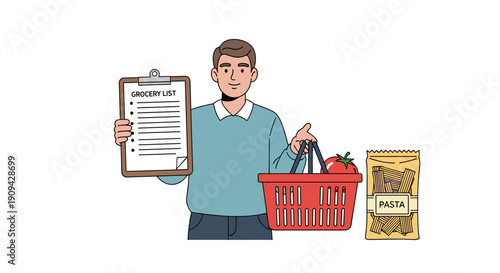 A thoughtful man holds a clipboard with a grocery list while standing next to a red shopping basket filled with food items.