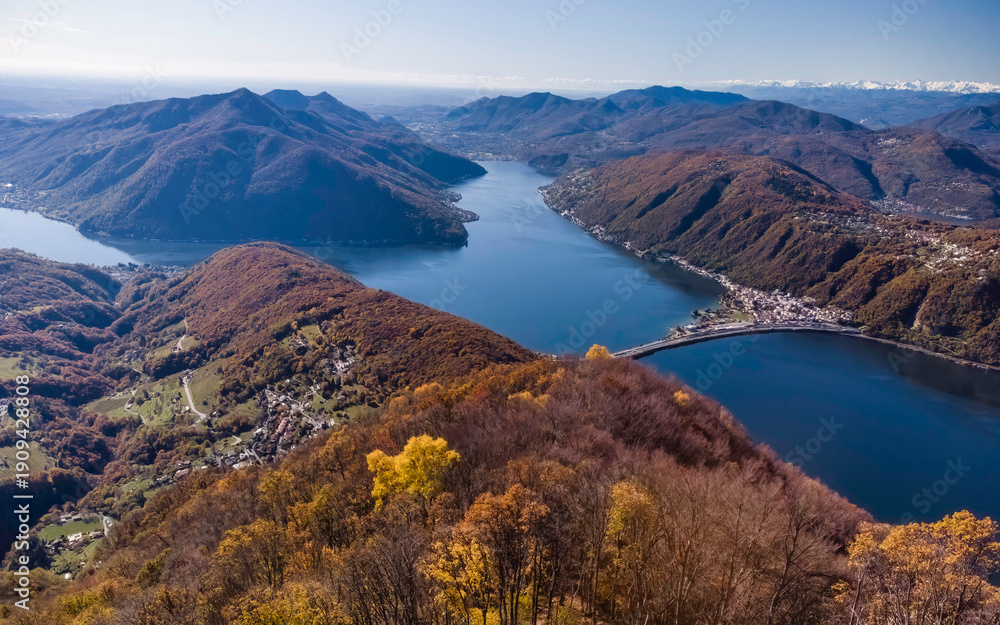 Fototapeta premium Cross Border View from Italy to Switzerland in Autumn, from Balcone d'Italia towards Lake Lugano