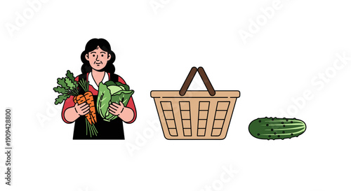 A smiling woman holds a bountiful harvest of fresh, organic vegetables, including carrots and lettuce, standing next to an empty shopping basket.