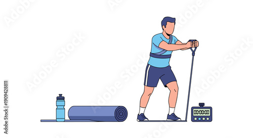 A fit man in athletic wear performs a resistance band exercise, targeting strength and flexibility. A water bottle and mat are nearby.