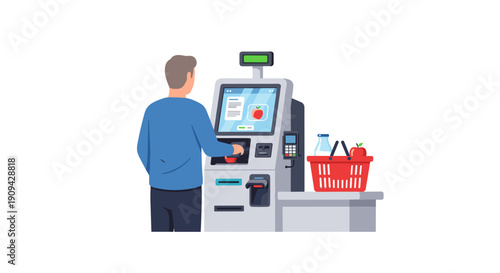 A man uses a modern self-checkout machine at a grocery store, a red shopping basket full of items beside him.