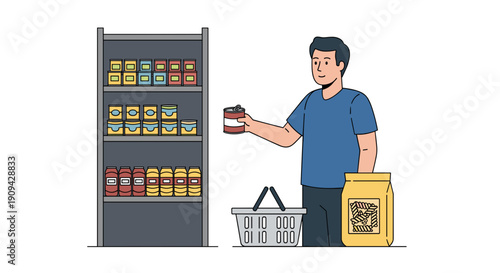 A young man is seen shopping for groceries in a store aisle, carefully examining a product can from a well-stocked shelf.