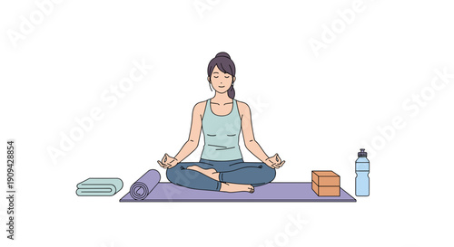 A calm woman sitting in a peaceful lotus position on a yoga mat, surrounded by wellness accessories, embodying mindfulness and spiritual practice.