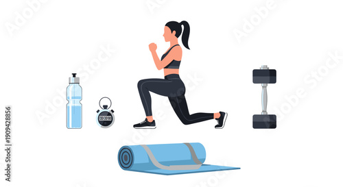 A strong woman performing a lunge exercise, demonstrating fitness and strength, surrounded by essential workout equipment for a complete training session.