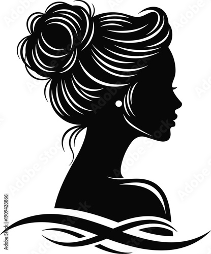 Elegant black silhouette of a woman profile with a stylish bun hairstyle and pearl earring isolated on a white background
