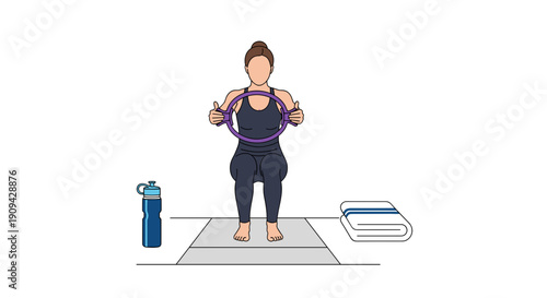 A woman performing an exercise with a pilates ring on a yoga mat, showcasing flexibility and core strength during her mindful workout session.