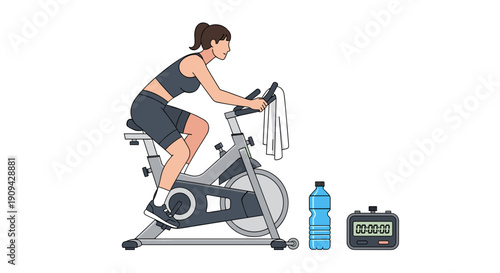 A determined woman exercising on a stationary bike, focused on her indoor cycling workout, demonstrating dedication to fitness and health.