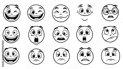 Large collection of diverse facial expressions and emoticons in black and white line art style for digital messaging.