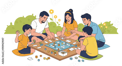 Family Playing Board Game Outdoors In Summer Garden - Illustration