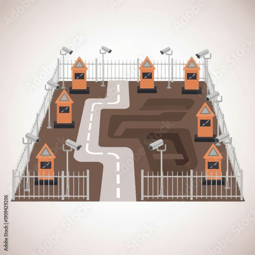 Secure facility with surveillance cameras and watchtowers.