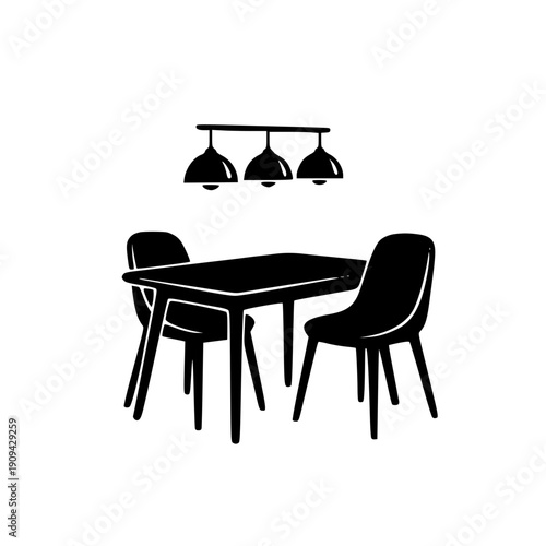 Modern Dining Room Furniture Silhouette – Minimalist Kitchen Table with Chairs and Hanging Lamp Vector Icon