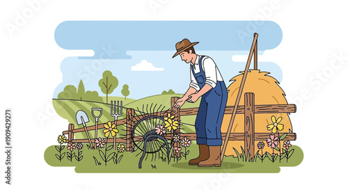 Farmer Arranging Flowers on Old Bicycle Wheel Decoration in Garden