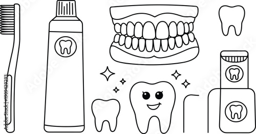 Dental care line icon illustration set with toothbrush, toothpaste, teeth, floss, and oral hygiene elements isolated on white background for healthcare design