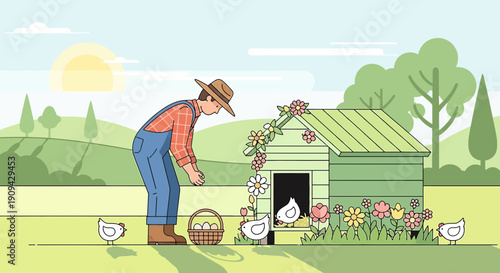 Farmer collecting eggs from chicken coop with flowers, countryside illustration