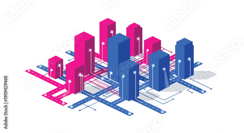 Isometric smart city network illustration with interconnected blue and pink buildings representing data flow, urban development, and technological infrastructure.