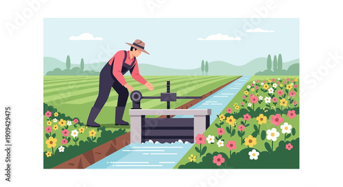 Farmer controlling water flow for irrigation in a colorful flower field