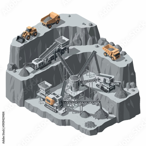 Isometric illustration of a mining operation with heavy machinery and trucks on a rocky terrain.