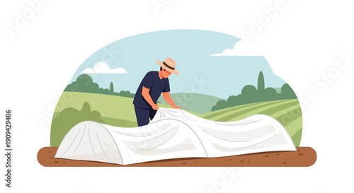 Farmer Covering Plants with Protective Fabric in a Field