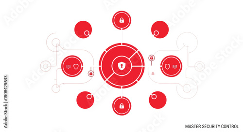 Abstract digital network of security icons with central shield and surrounding locks and data points