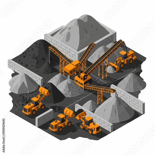 Isometric illustration of a quarry with heavy machinery and gravel piles.