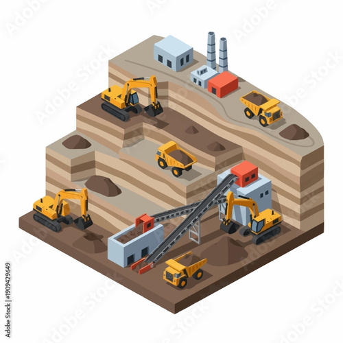 Isometric illustration of a mining site with heavy machinery and infrastructure.