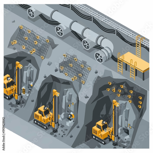 Underground Tunnel Construction Site with Machinery and Workers.