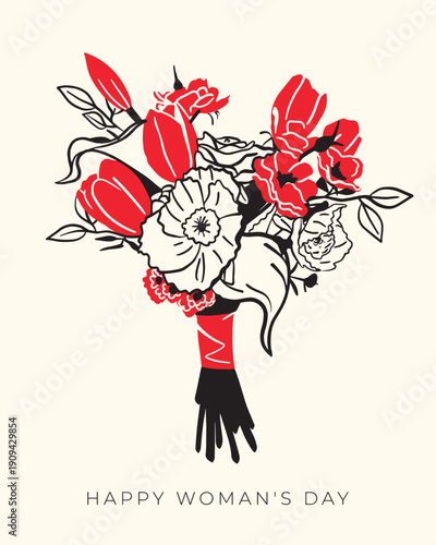 Floral Bouquet Illustration for International Women’s Day Greeting Card.Stylized floral bouquet illustration in red, black and neutral tones with decorative line art details.