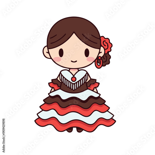 cute chibi girl in traditional spanish flamenco dress with red rose illustration