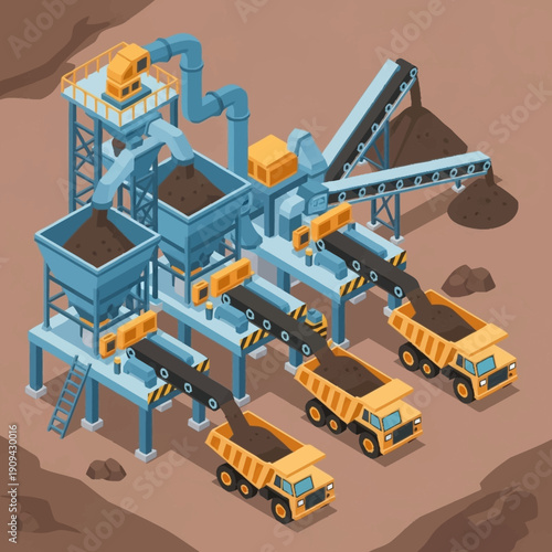 Industrial mining facility with conveyor belts and trucks.