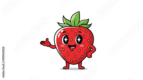 Happy cartoon strawberry character with stars in its eyes and its hand raised as if making a creative presentation.