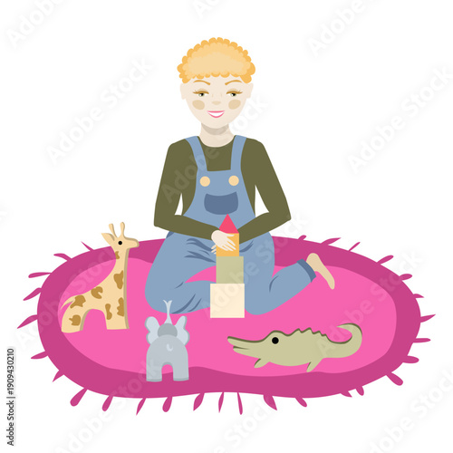 Cute toddler playing with toy animals on pink rug flat vector illustration for nursery decor kids room design childhood playtime concept soft pastel cozy aesthetic