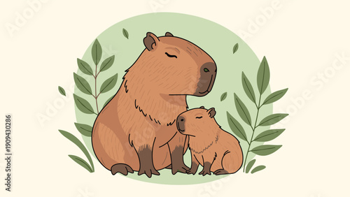 Charming illustration of a mother capybara and her small baby sitting together amidst green tropical leaves for wildlife conservation.