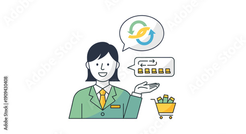 Cartoon Businesswoman with Shopping Cart Icon.