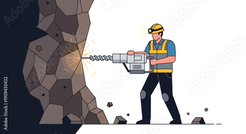 Construction Worker Drilling into Rock Formation.