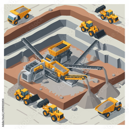 Quarry Mining Operation with Heavy Machinery and Trucks.