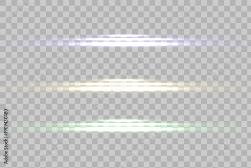 Three colorful flashes of light in yellow, blue and green tones with rays and lens flare effects on a light background. Abstract digital light design.