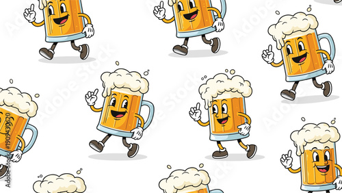 Lively seamless pattern of cheerful beer mug cartoon characters with foam walking and pointing on a clean white background for bar decor.