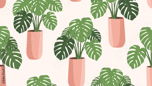 Modern seamless pattern of green monstera deliciosa plants in stylish pink pots against a pale background for interior design projects.
