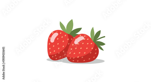 Two red strawberries with green leaves isolated on white. Great for healthy eating, dessert recipes, summer themes, and food-related designs. Vector illustration, minimalist style.