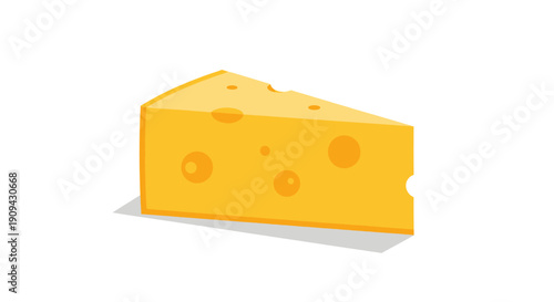 Cartoon illustration of a yellow cheese wedge with holes on white background. Can be used for food illustrations, cooking websites, children materials.