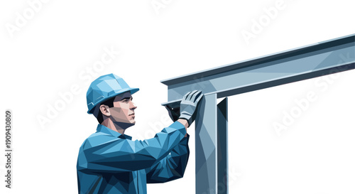 Illustration of construction worker in hardhat inspecting a steel beam. Isolated on white. Suitable for construction, building, and industrial related designs.